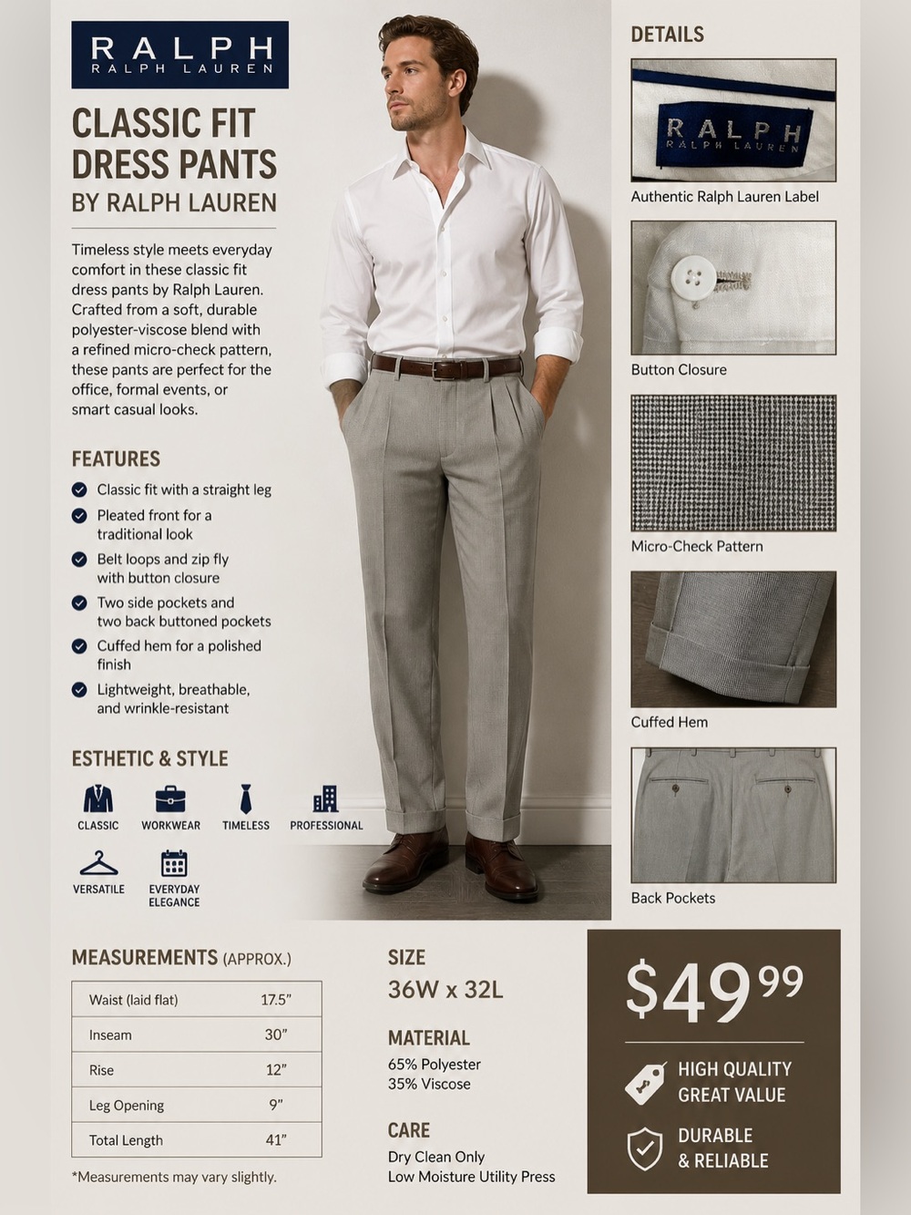 Ralph Lauren Men's Pleated Dress Pants in Light Gray